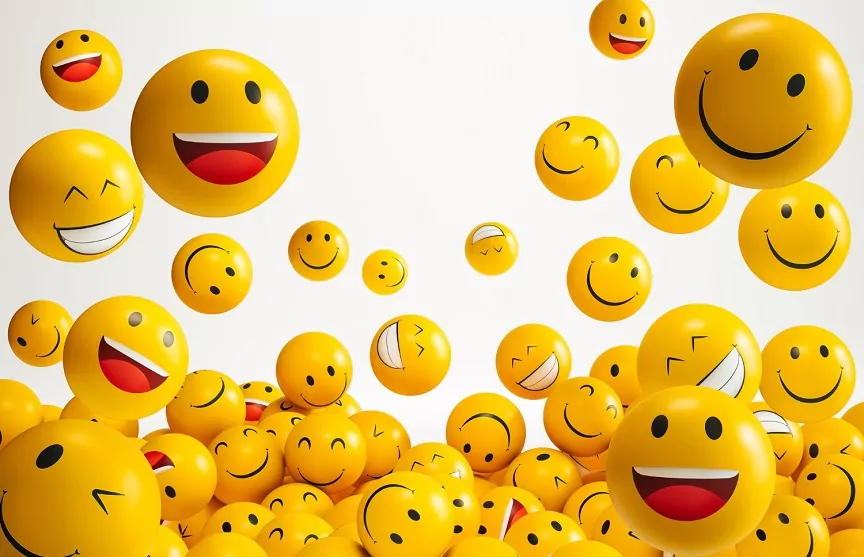 An image of laughing and smiling three-dimensional, yellow emojis falling like rain to pile up in the bottom half of the image.