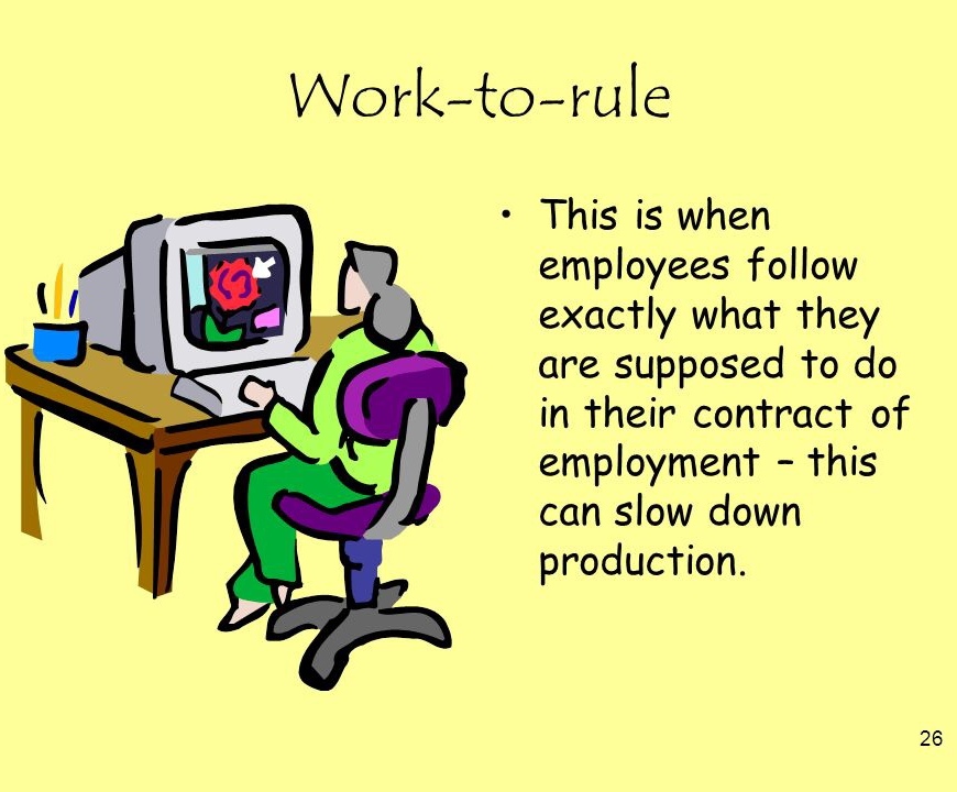 An image of a woman sitting in front of a computer on a desk. The accompanying text describes work-to rule:" this is when employees follow exactly what they are supposed to do in their contract of employment - this can slow down production.
